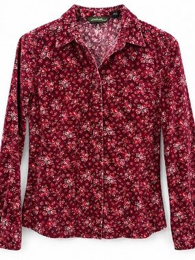 Eddie Bauer Romantic Rose Print Burgundy Corduroy Shirt Cottagecore Women Large